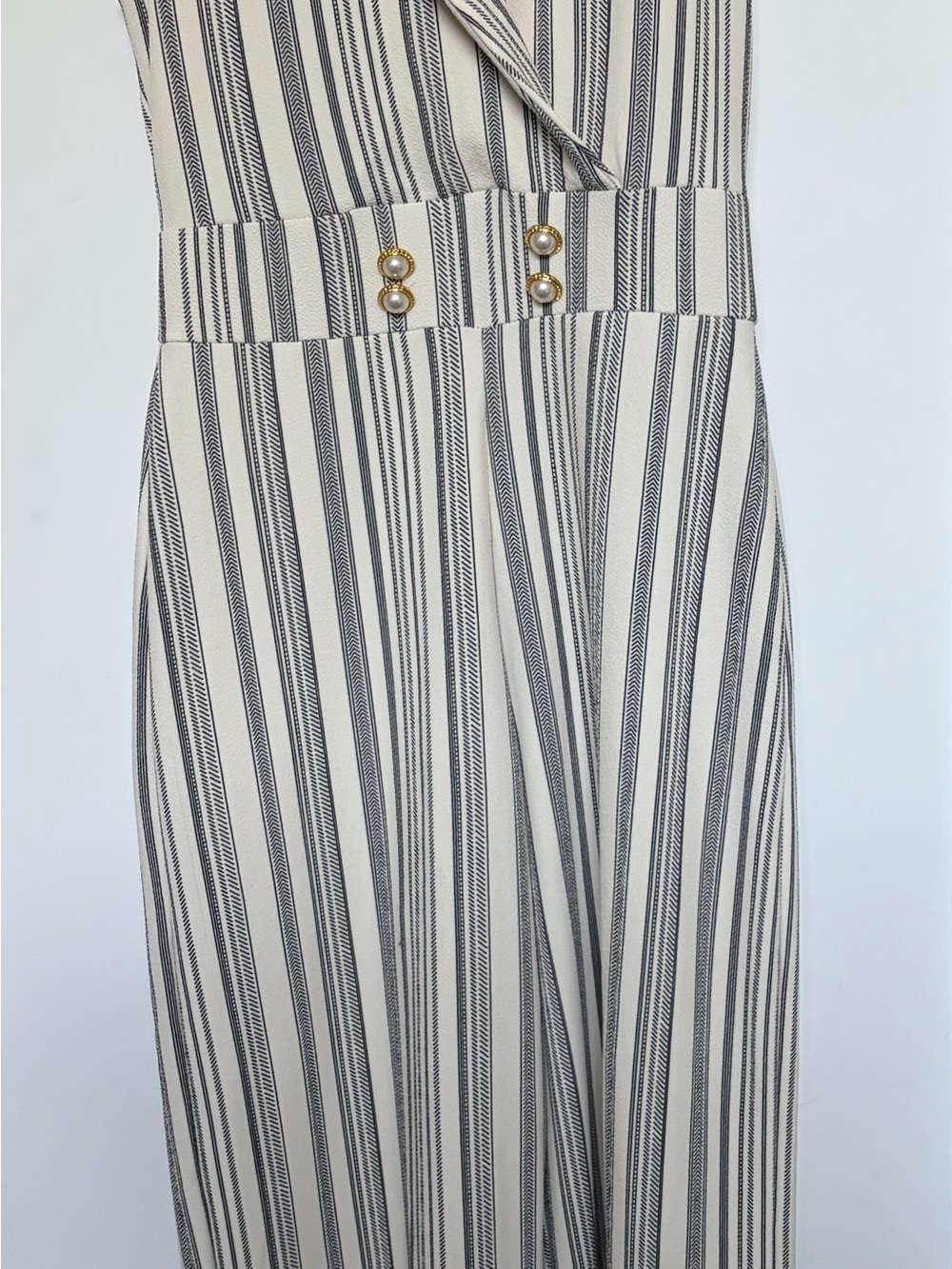Almost Famous Cream and Black Striped Jumpsuit with Gold-Tone Buttons